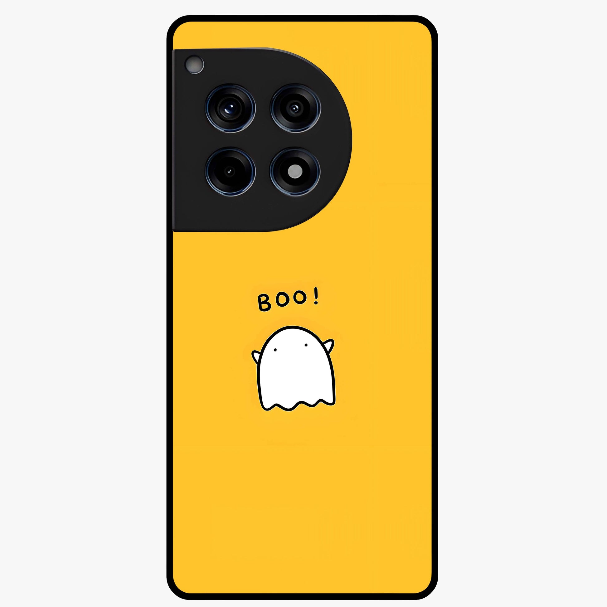 Yellow Boo Ghost Glass Case for 1+12R playful front view featuring cute ghost artwork in vibrant yellow tones