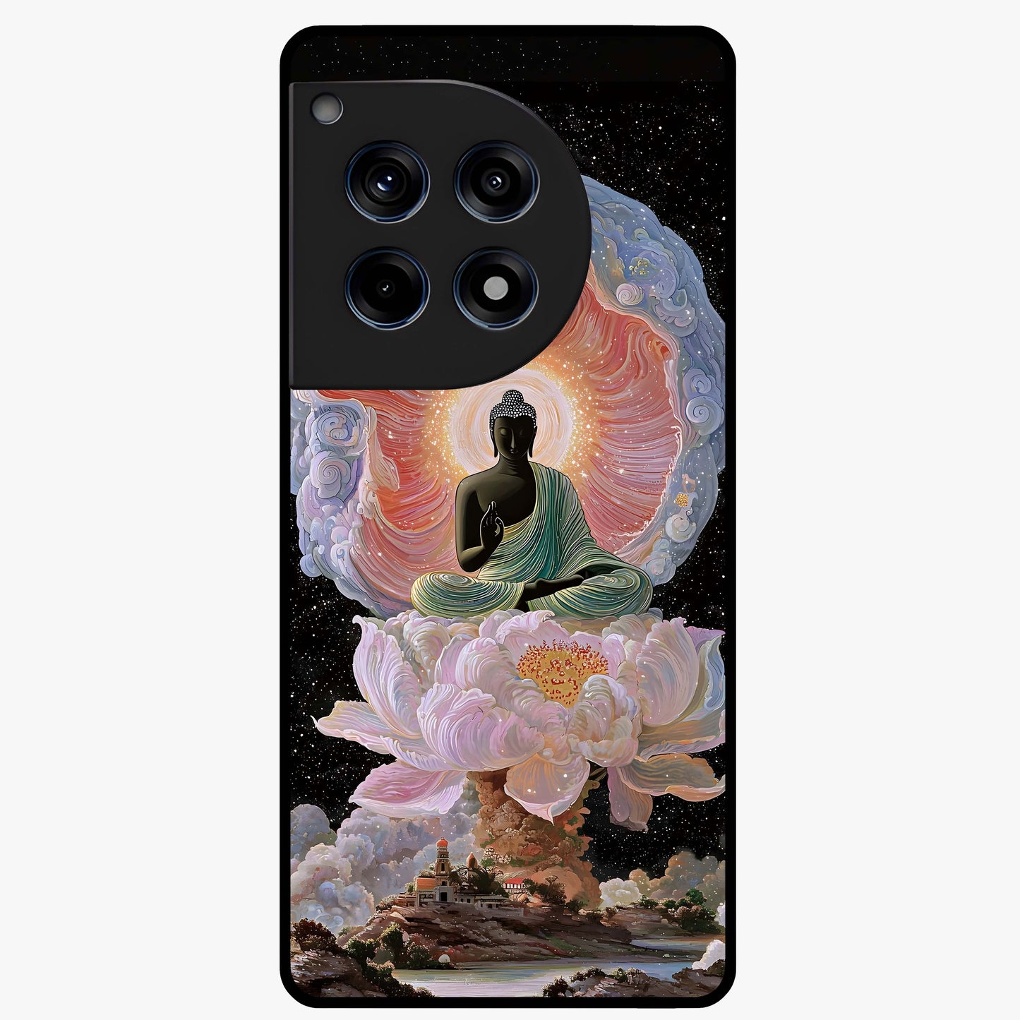 Zen Lotus Realm Glass Case for 1+12R peaceful front view featuring lotus artwork with calm spiritual tones