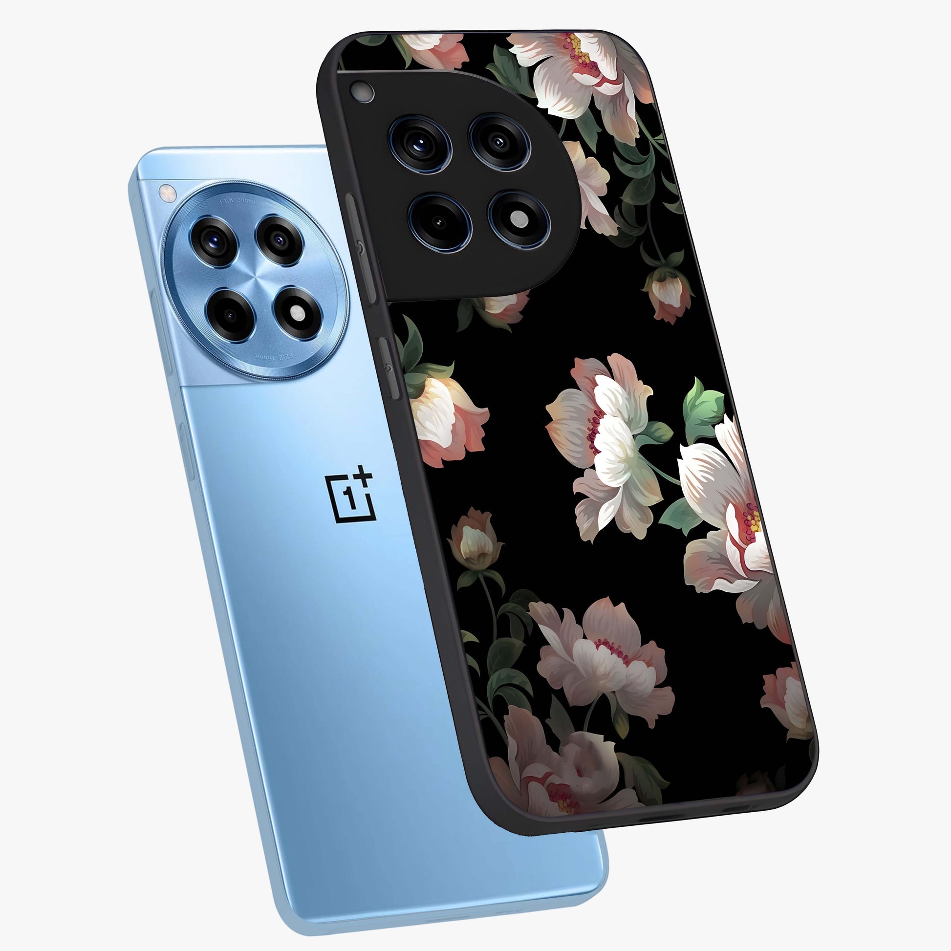 Abstract Embossed Blooming Bright Flower Glass Case for 1+12R angled mockup showcasing glossy surface and detailed bloom design