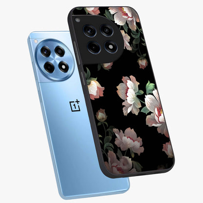 Abstract Embossed Blooming Bright Flower Glass Case for 1+12R angled mockup showcasing glossy surface and detailed bloom design