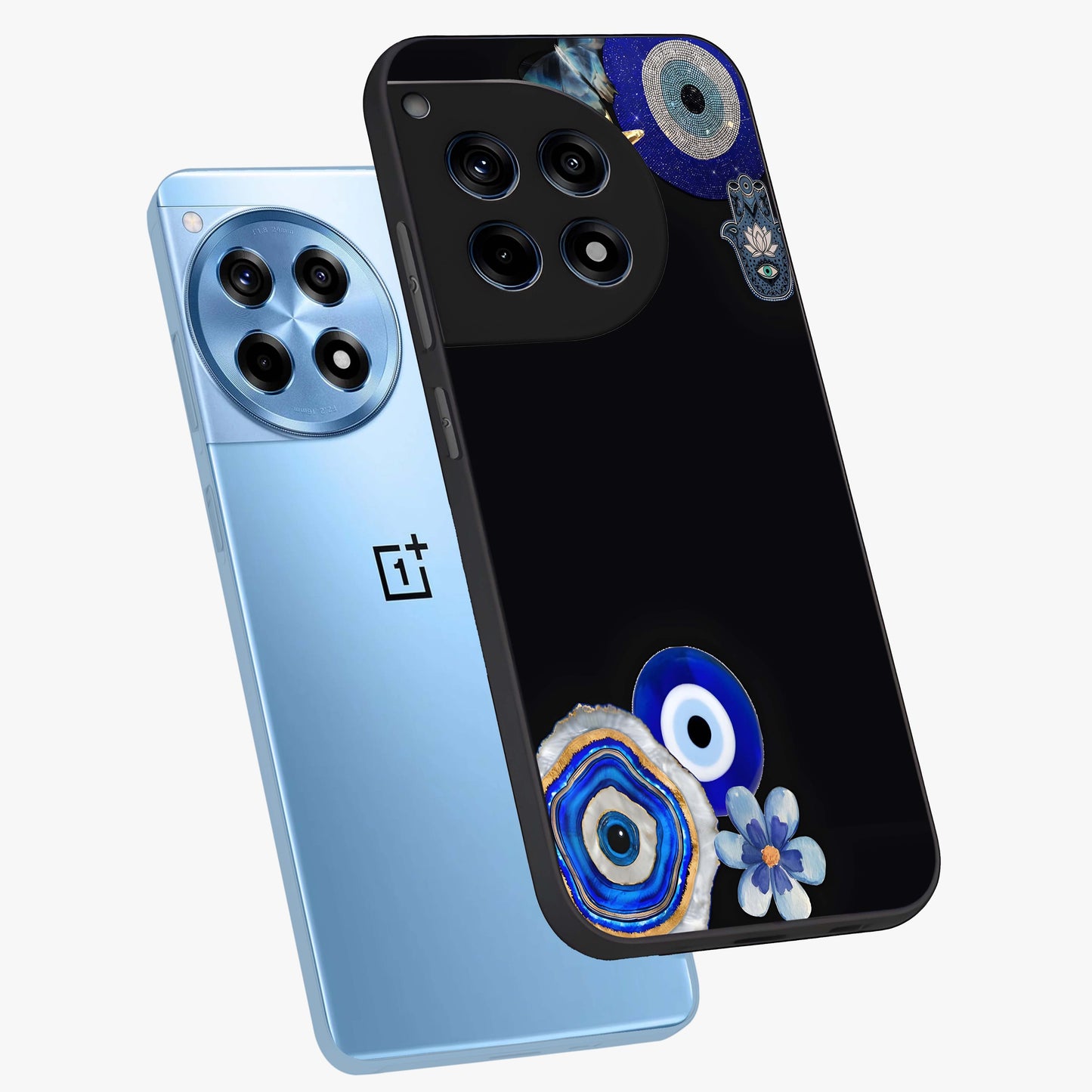 Aesthetic Blue Evil Eye Glass Case for 1+12R angled mockup showcasing glossy finish and protective symbol design