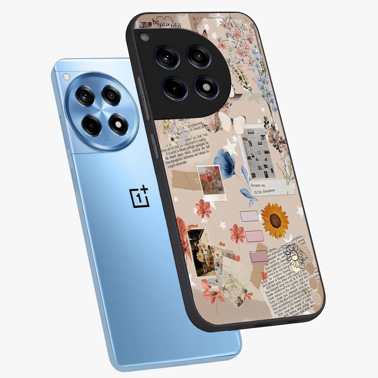 Aesthetic Butterfly Glass Case for 1+12R angled mockup showcasing glossy glass finish and delicate wing details