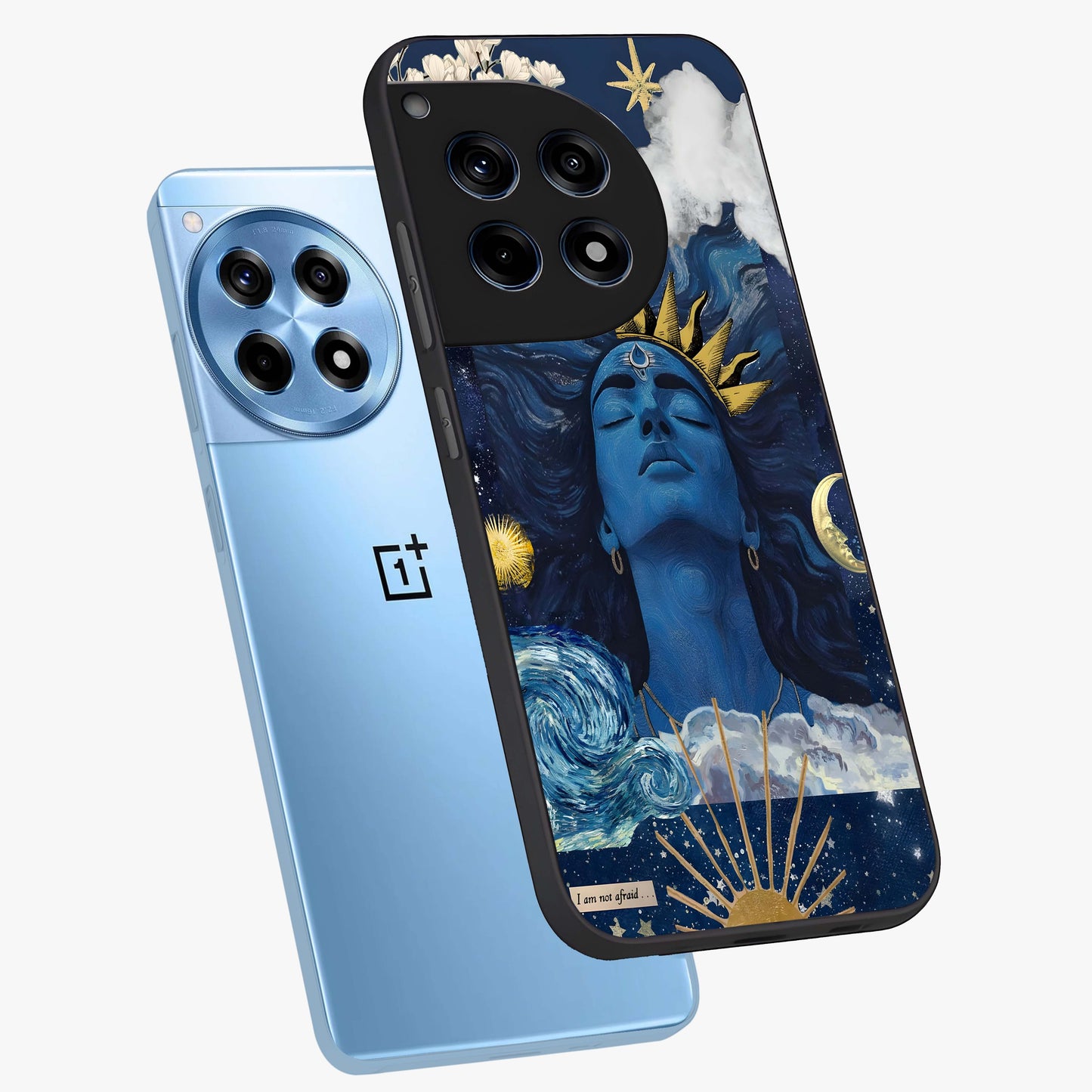 Aesthetic Lord Shiva Glass Case for 1+12R angled mockup showcasing glossy finish and divine aesthetic design