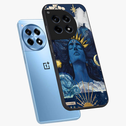 Aesthetic Lord Shiva Glass Case for 1+12R angled mockup showcasing glossy finish and divine aesthetic design