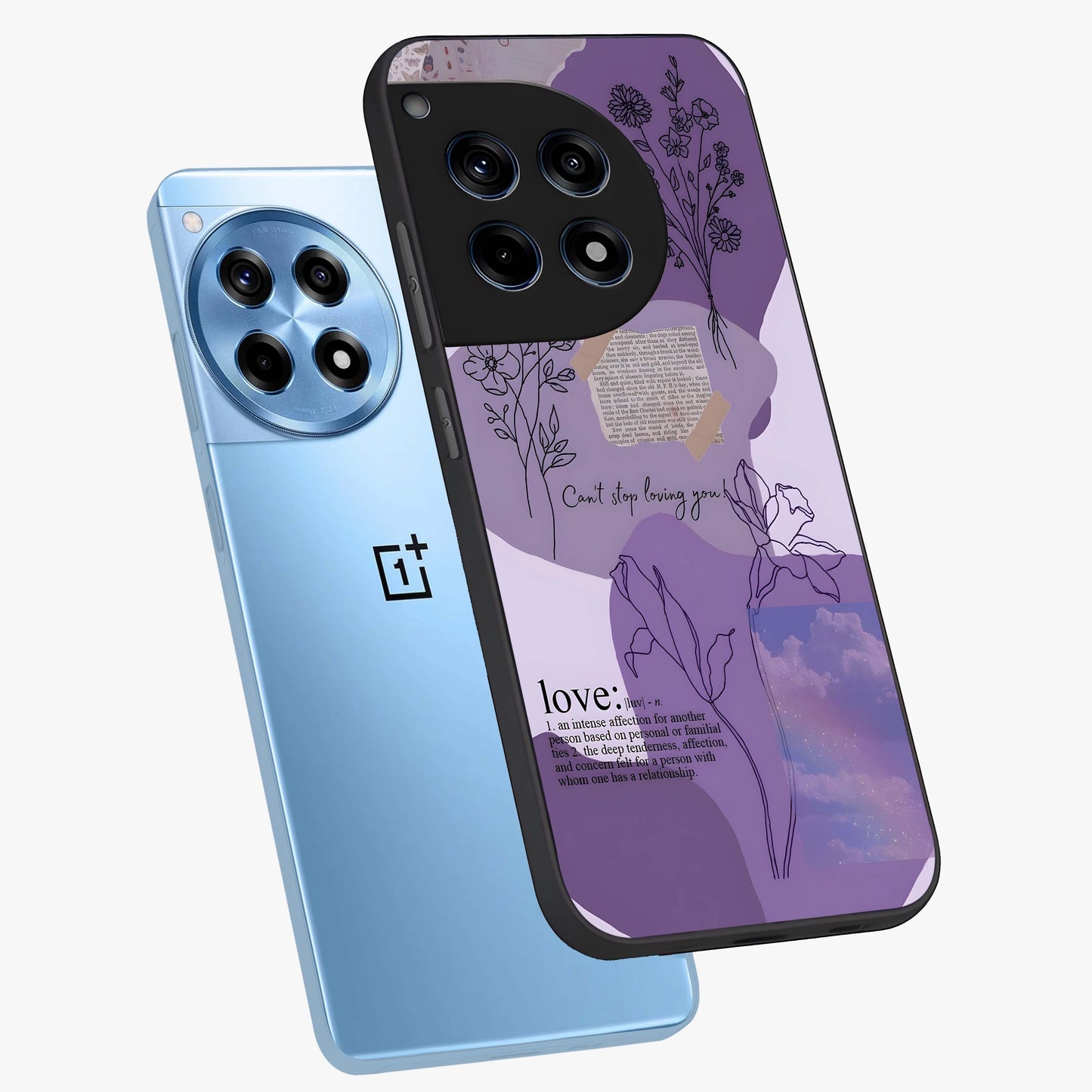 Aesthetic Love With Flower Glass Case for 1+12R angled mockup showcasing glossy finish and soft floral design