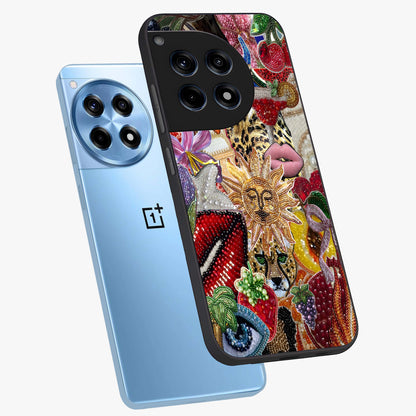 Beaded Fashion Jungle Glass Case for 1+12R angled mockup showcasing glossy finish and vibrant tropical design