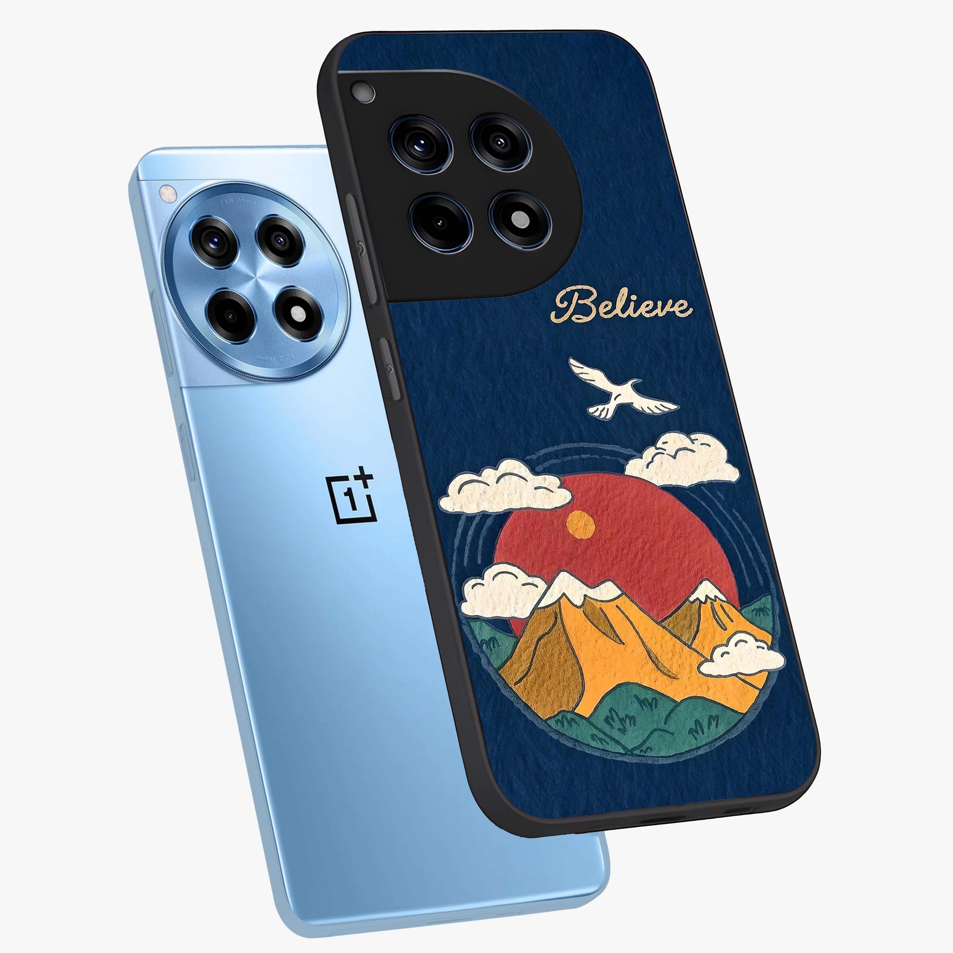 Believe Sky Escape Glass Case for 1+12R angled mockup showcasing glossy finish and serene cloud design