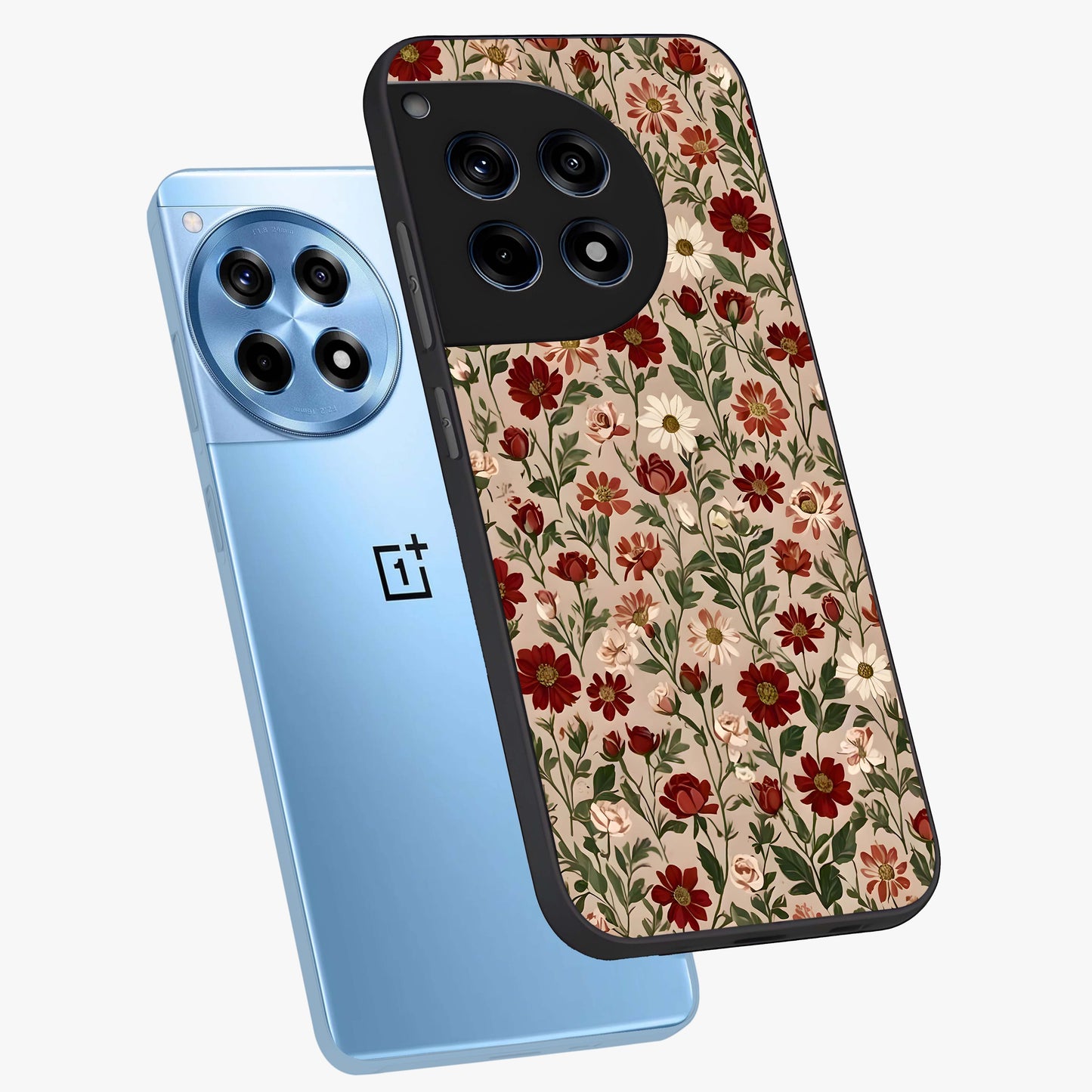 Biege Flower With Leaf Glass Case for 1+12R angled mockup showcasing glossy finish and minimal botanical design
