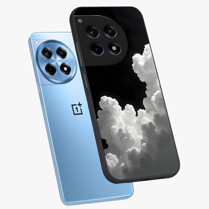 Black Background With White Cloud Glass Case for 1+12R angled mockup showcasing glossy finish and high contrast design