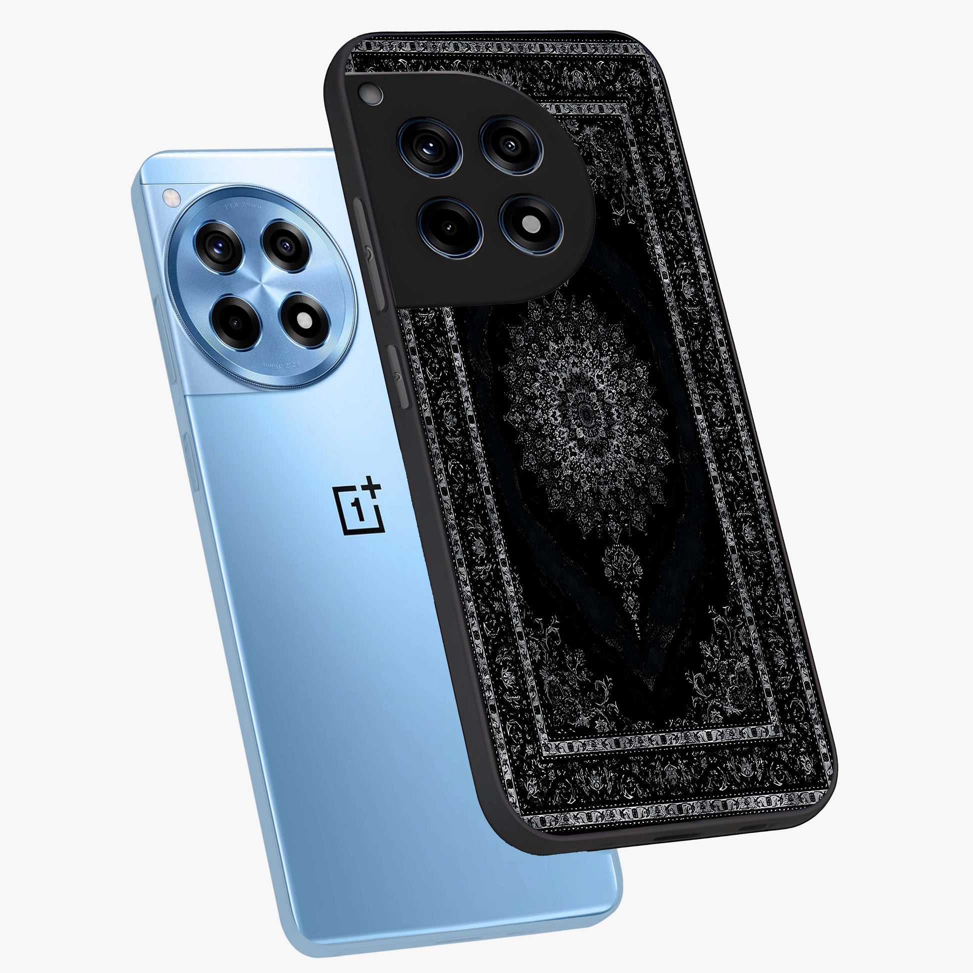 Black Persian Carpet Glass Case for 1+12R angled mockup showcasing glossy finish and detailed ornamental design