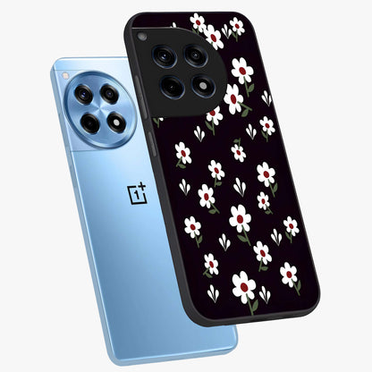Black Prints Daisy Flower Pattern Glass Case for 1+12R angled mockup showcasing glossy finish and bold floral contrast