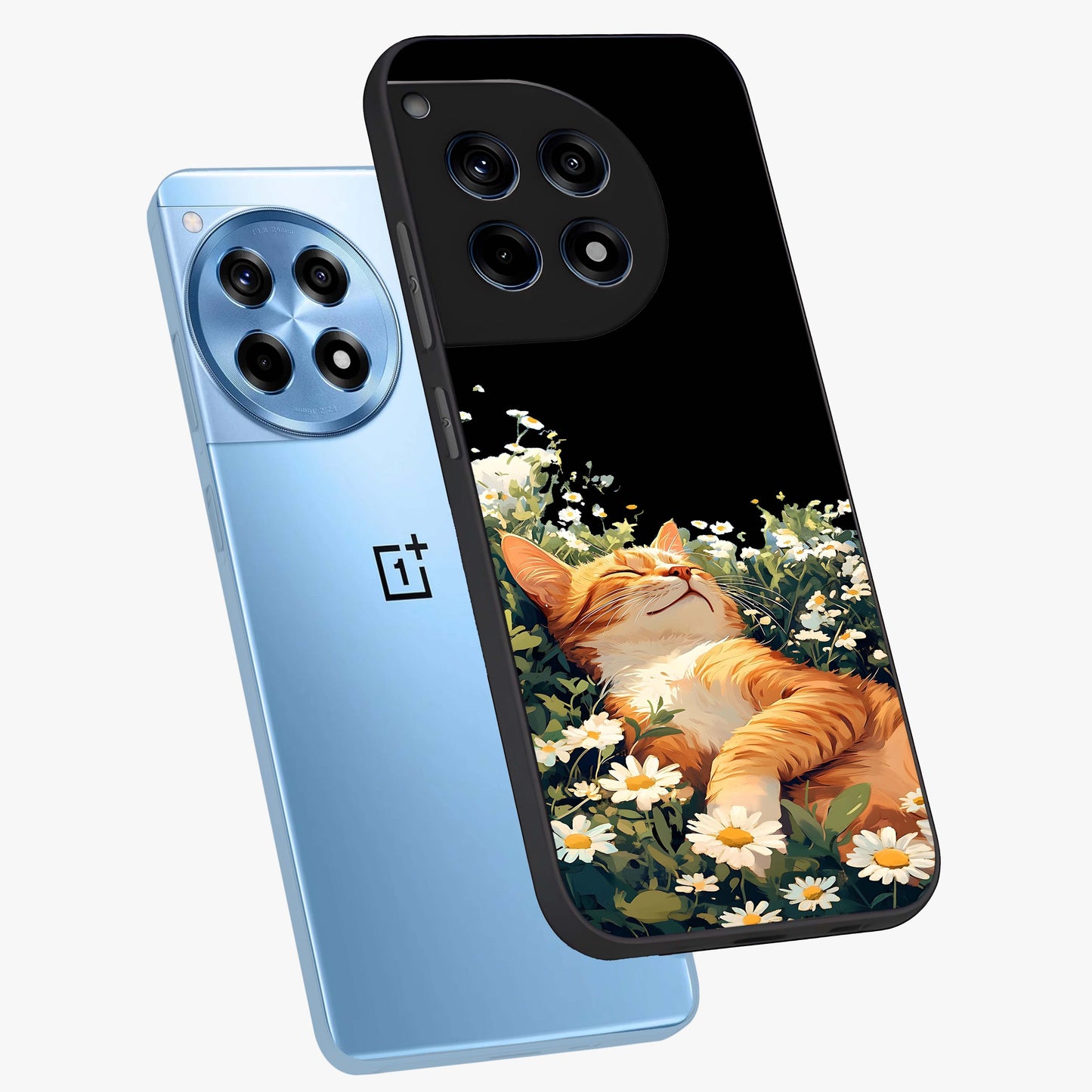 Blissful Bloom Cat Glass Case for 1+12R angled mockup showcasing glossy glass finish and vibrant bloom detailing