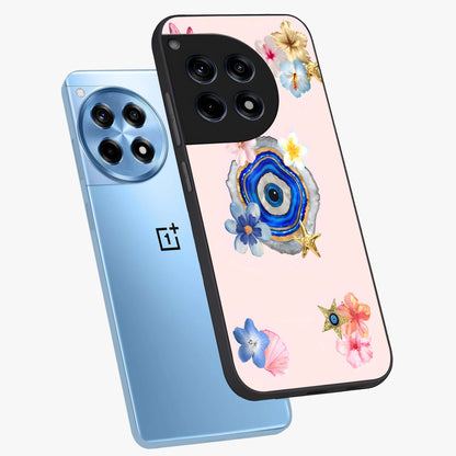 Blossom Evil Charm Glass Case for 1+12R angled mockup showcasing glossy finish and protective charm design