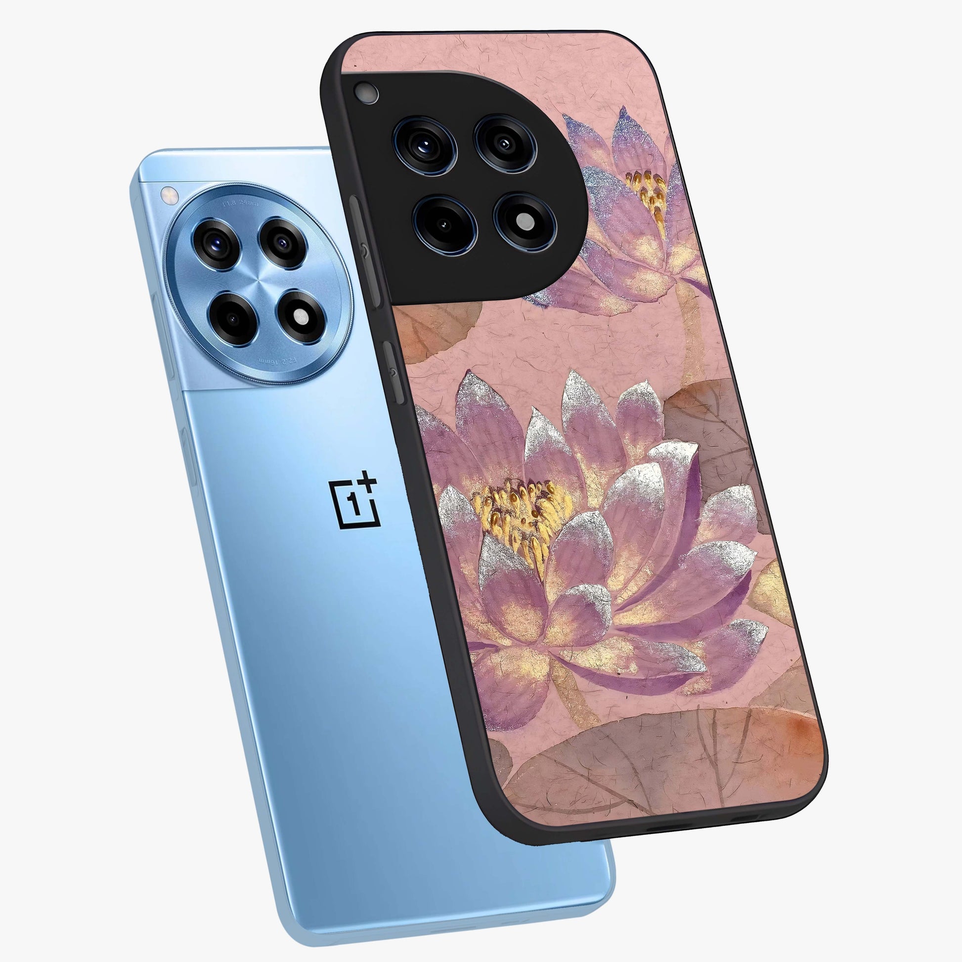 Blossom Mist Lotus Glass Case for 1+12R angled mockup showcasing glossy finish and peaceful floral detailing