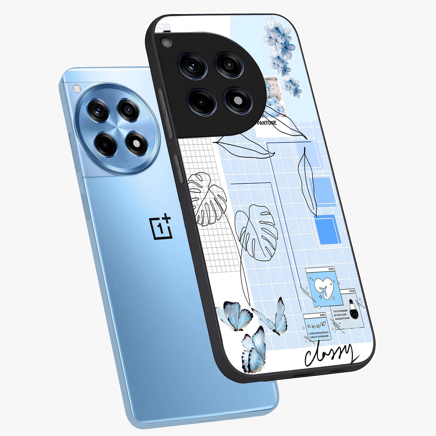 Blue Aesthetic Flower Glass Case for 1+12R angled mockup showcasing glossy finish and delicate bloom design