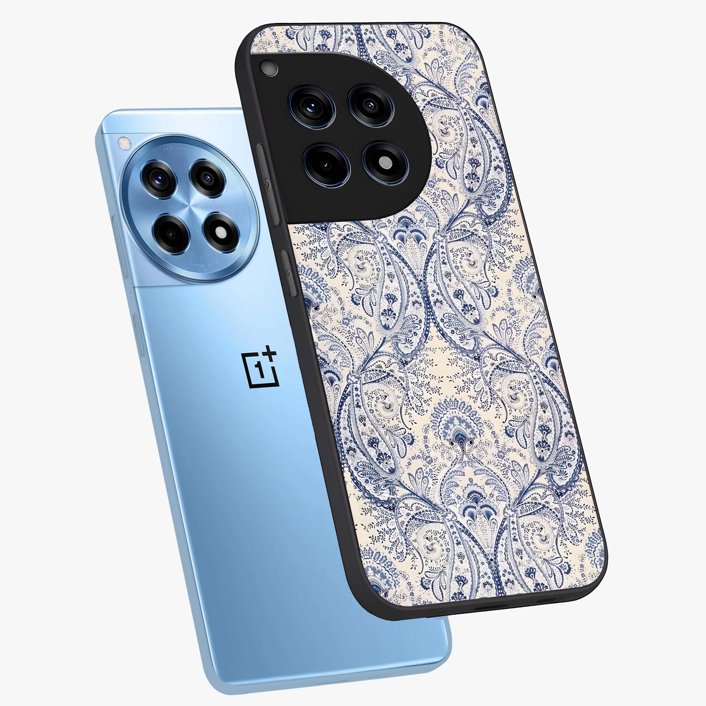 Blue Paisley Bloom Glass Case for 1+12R angled mockup showcasing glossy finish and detailed ornamental design