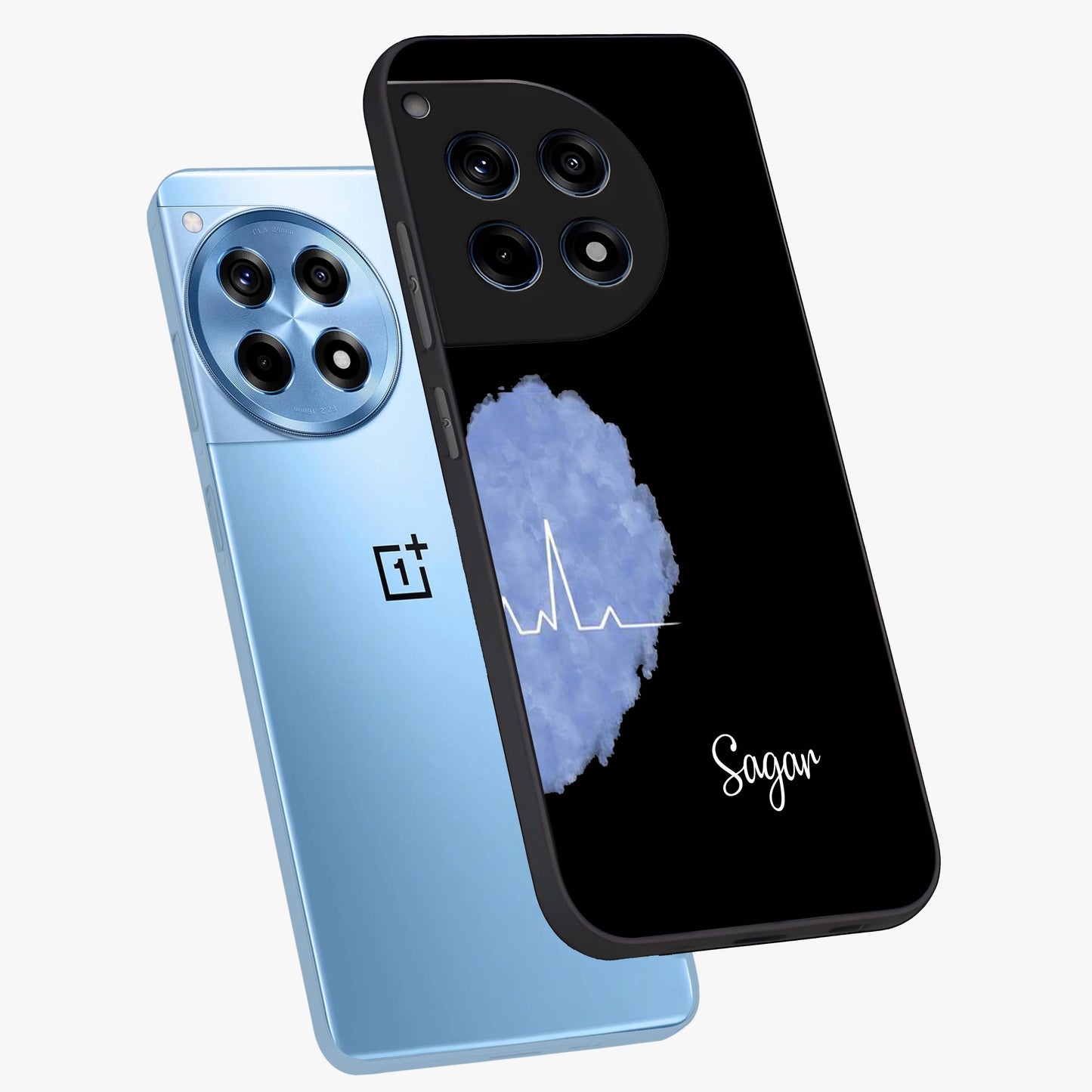 Blue Pulse Bond Glass Case for 1+12R angled mockup showcasing glossy glass finish and vibrant energy design