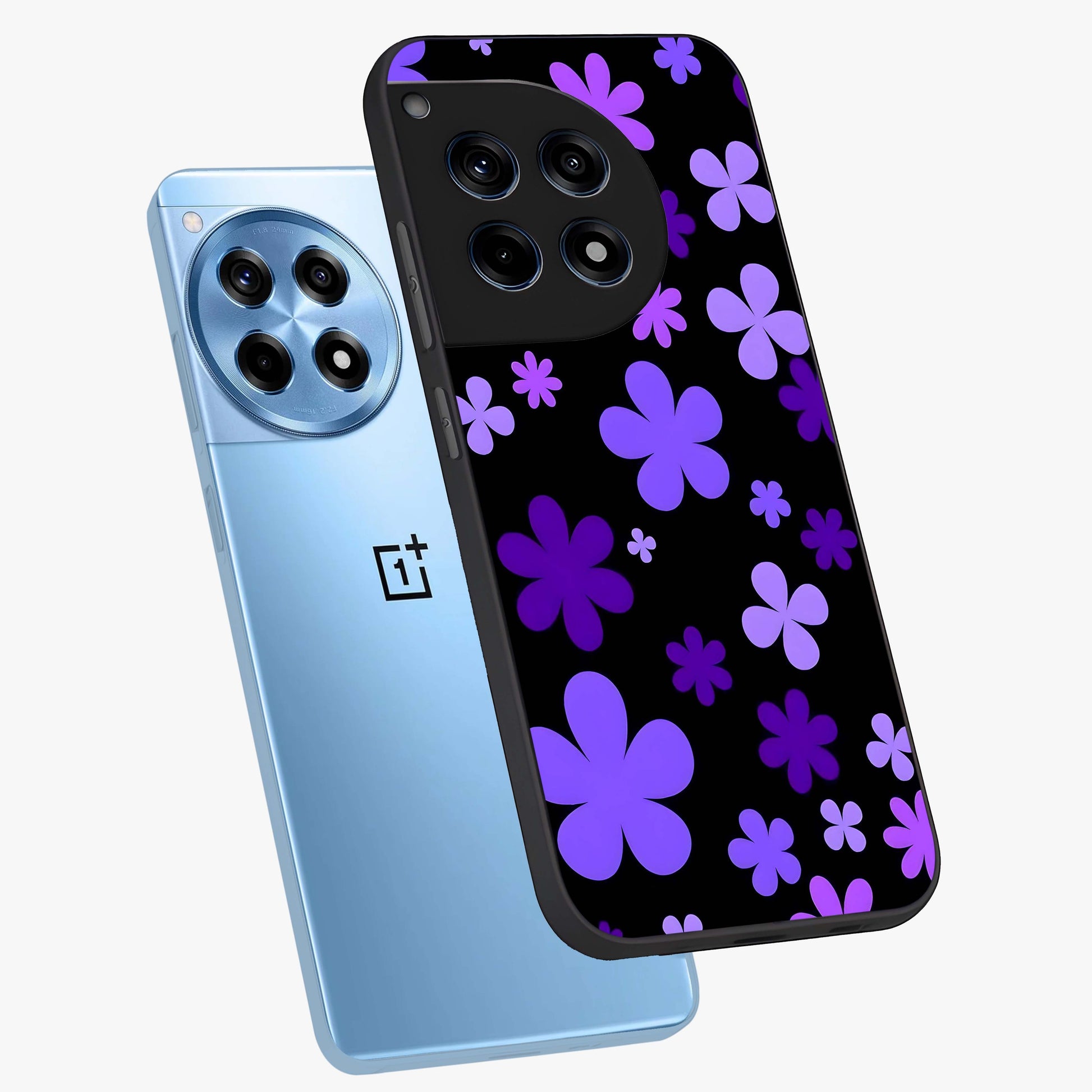 Blue Retro Pop Flowers Glass Case for 1+12R angled mockup showcasing glossy finish and playful pop flower design