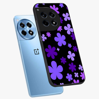 Blue Retro Pop Flowers Glass Case for 1+12R angled mockup showcasing glossy finish and playful pop flower design