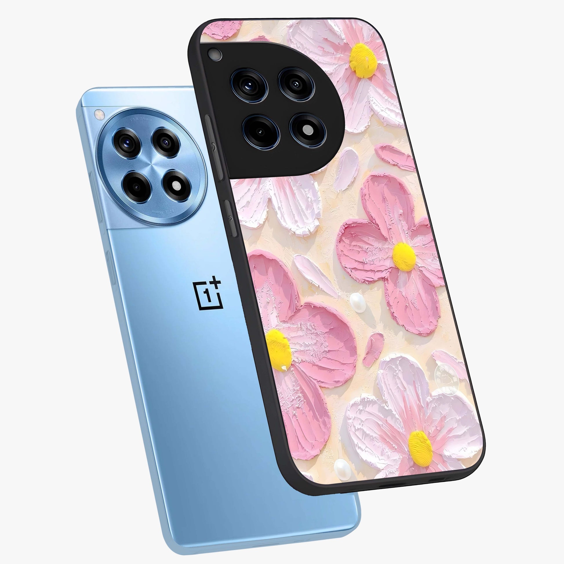 Blush Bloom Texture Glass Case for 1+12R angled mockup showcasing glossy finish and layered texture detailing
