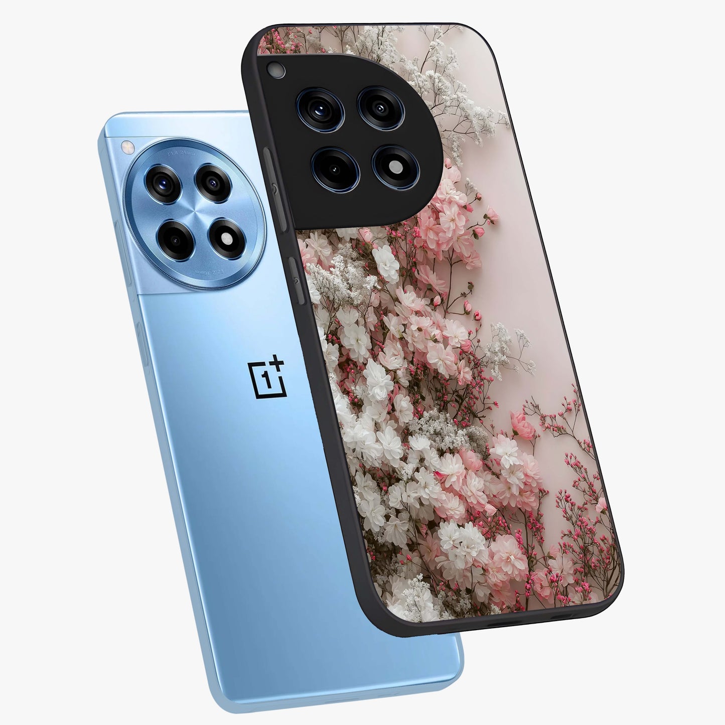 Blush Blossom Cloud Glass Case for 1+12R angled mockup showcasing glossy finish and pastel floral design