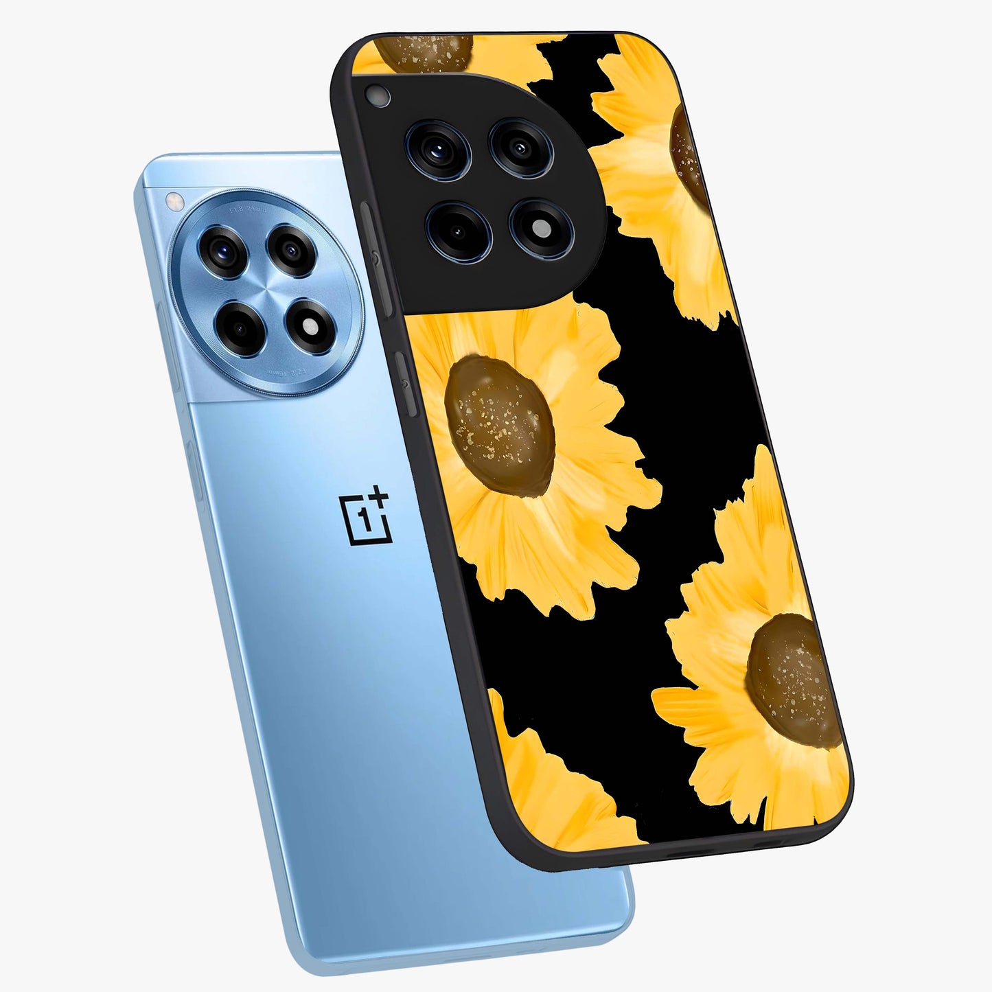 Bold Sunflowers Glow Glass Case for 1+12R angled mockup showcasing glossy glass finish and bright floral detailing