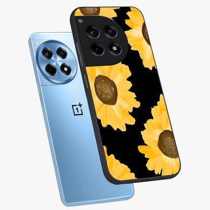 Bold Sunflowers Glow Glass Case for 1+12R angled mockup showcasing glossy glass finish and bright floral detailing