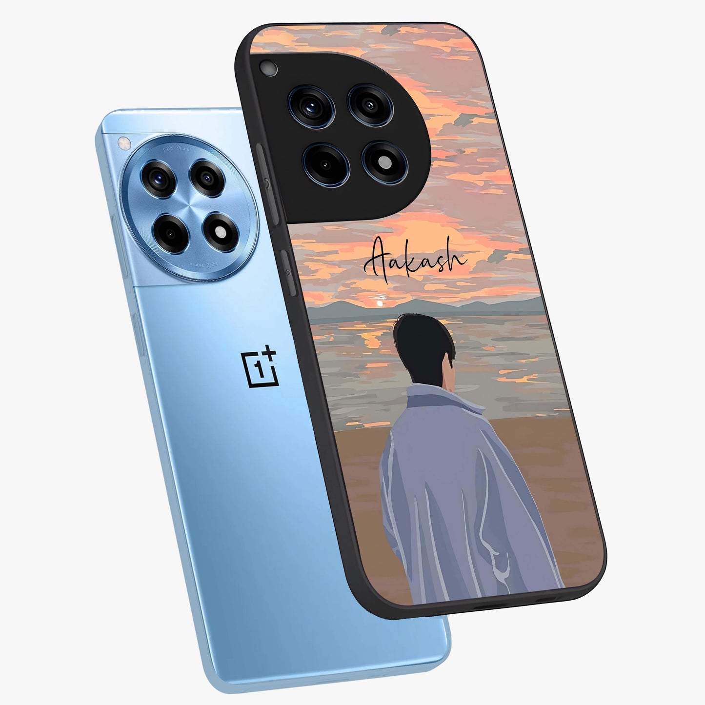Boy Facing Sunset Beach Glass Case for 1+12R angled mockup showcasing glossy finish and warm beach tones