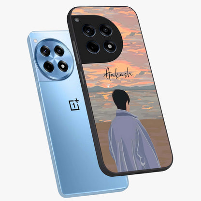 Boy Facing Sunset Beach Glass Case for 1+12R angled mockup showcasing glossy finish and warm beach tones