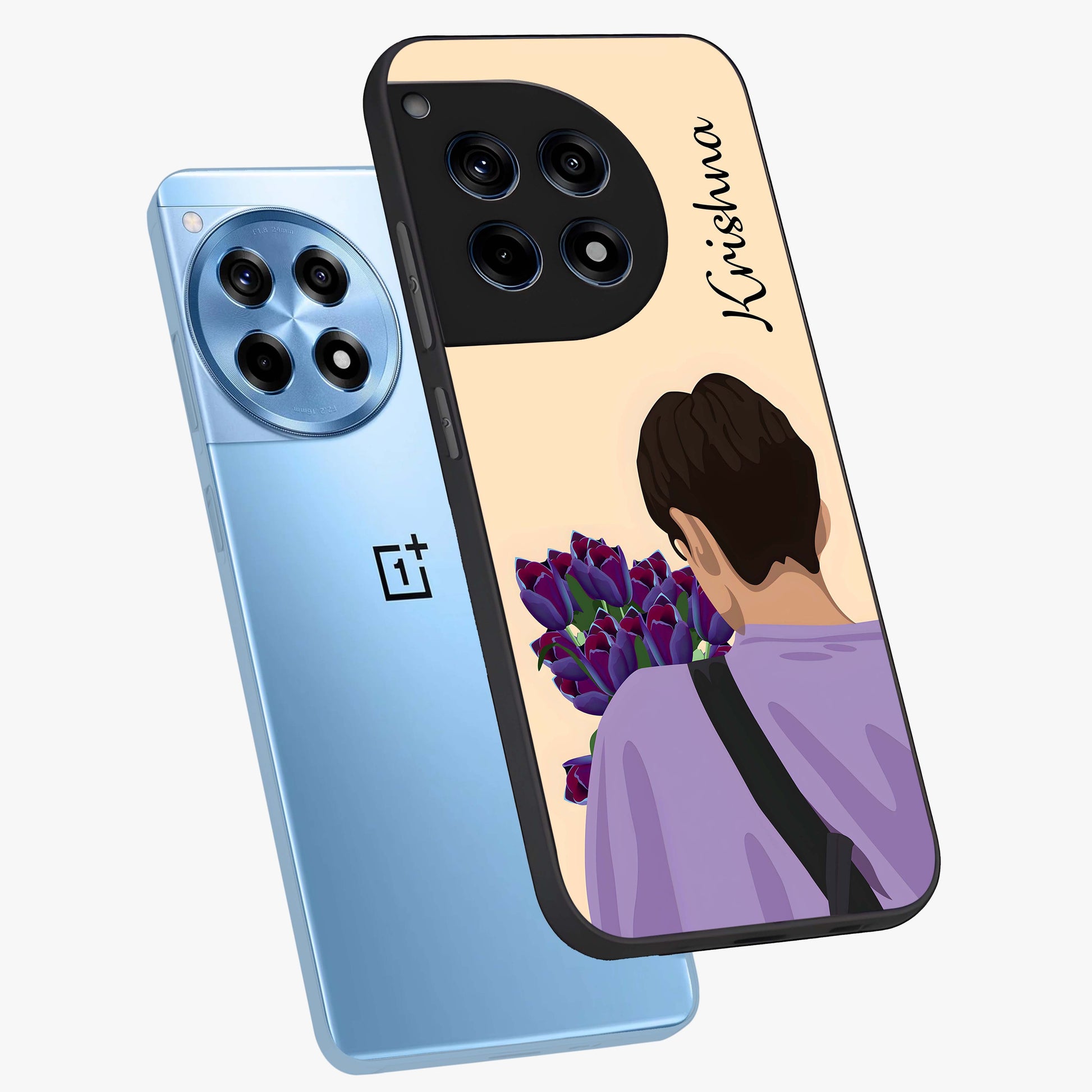 Boy Holding Flowers Glass Case for 1+12R angled mockup showcasing glossy finish and gentle pastel artwork