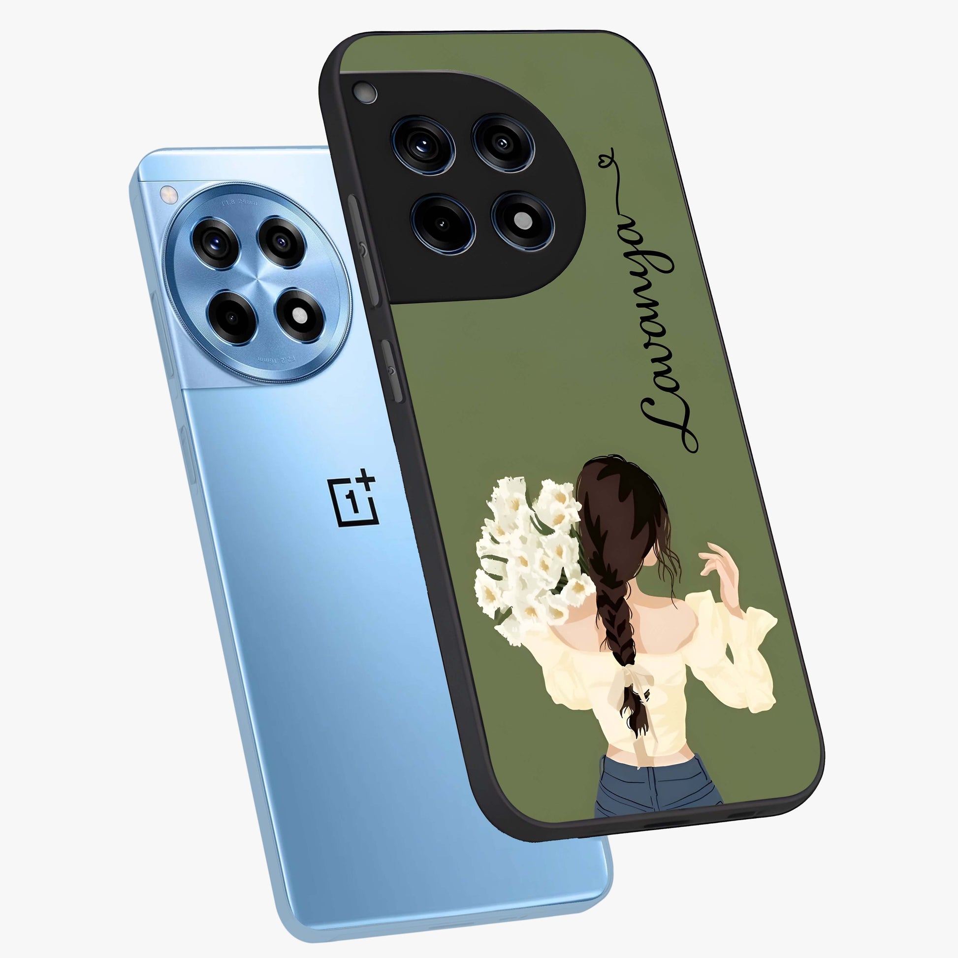 Braided Spring Beauty With Custom Name Glass Case for 1+12R angled mockup showcasing glossy finish and spring inspired detailing