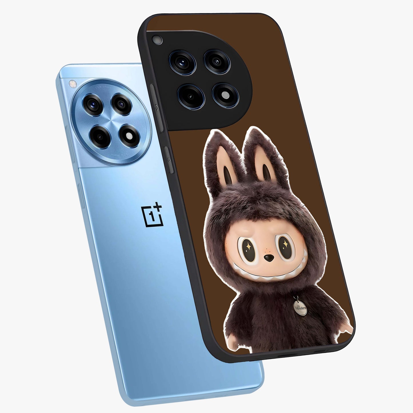 Brown Labubu Design Glass Case for 1+12R angled mockup showcasing glossy finish and detailed cartoon illustration