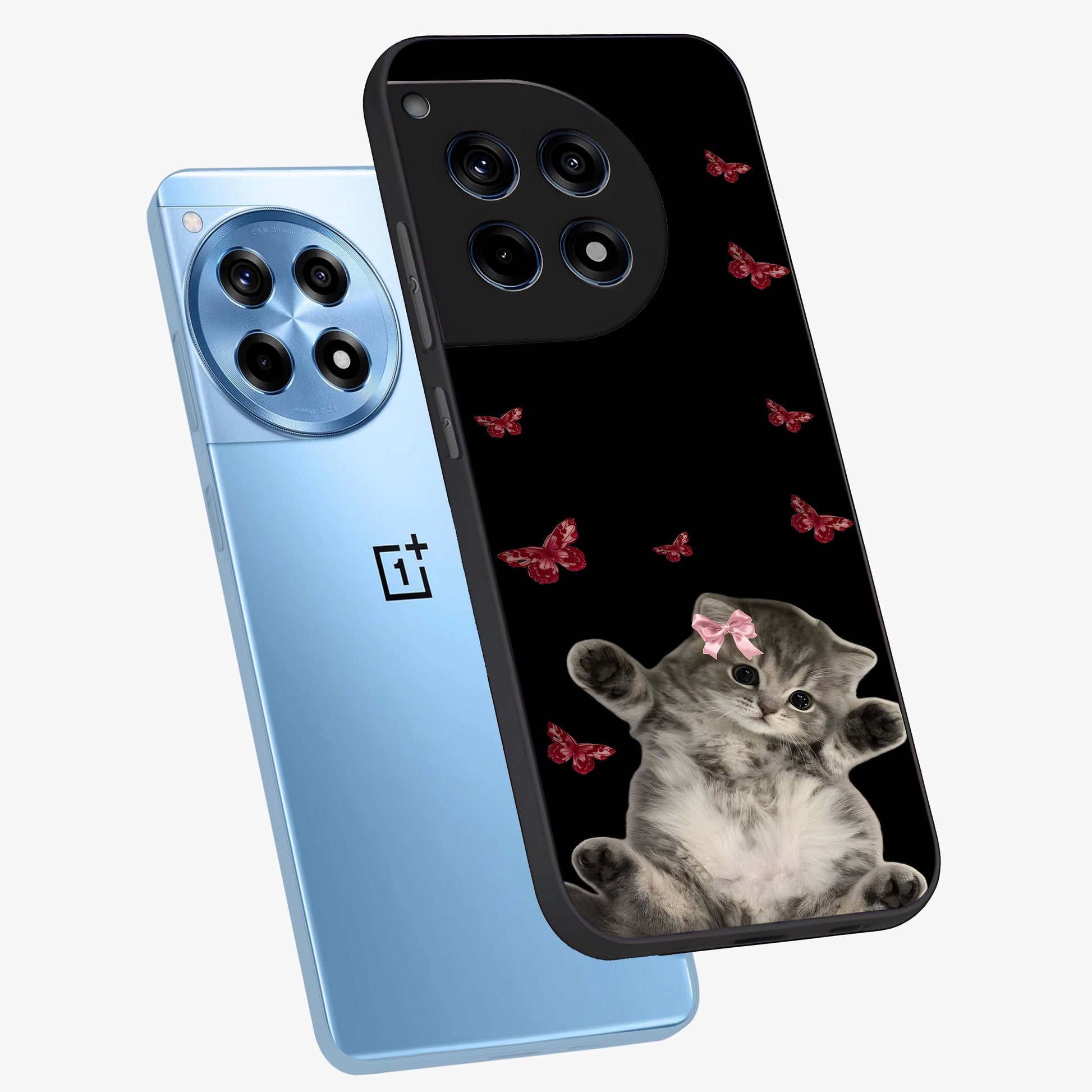 Butterfly Cat Bliss Glass Case for 1+12R angled mockup showcasing glossy finish and soft pastel tones