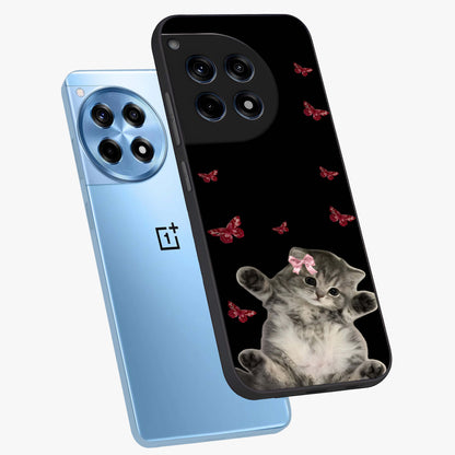 Butterfly Cat Bliss Glass Case for 1+12R angled mockup showcasing glossy finish and soft pastel tones