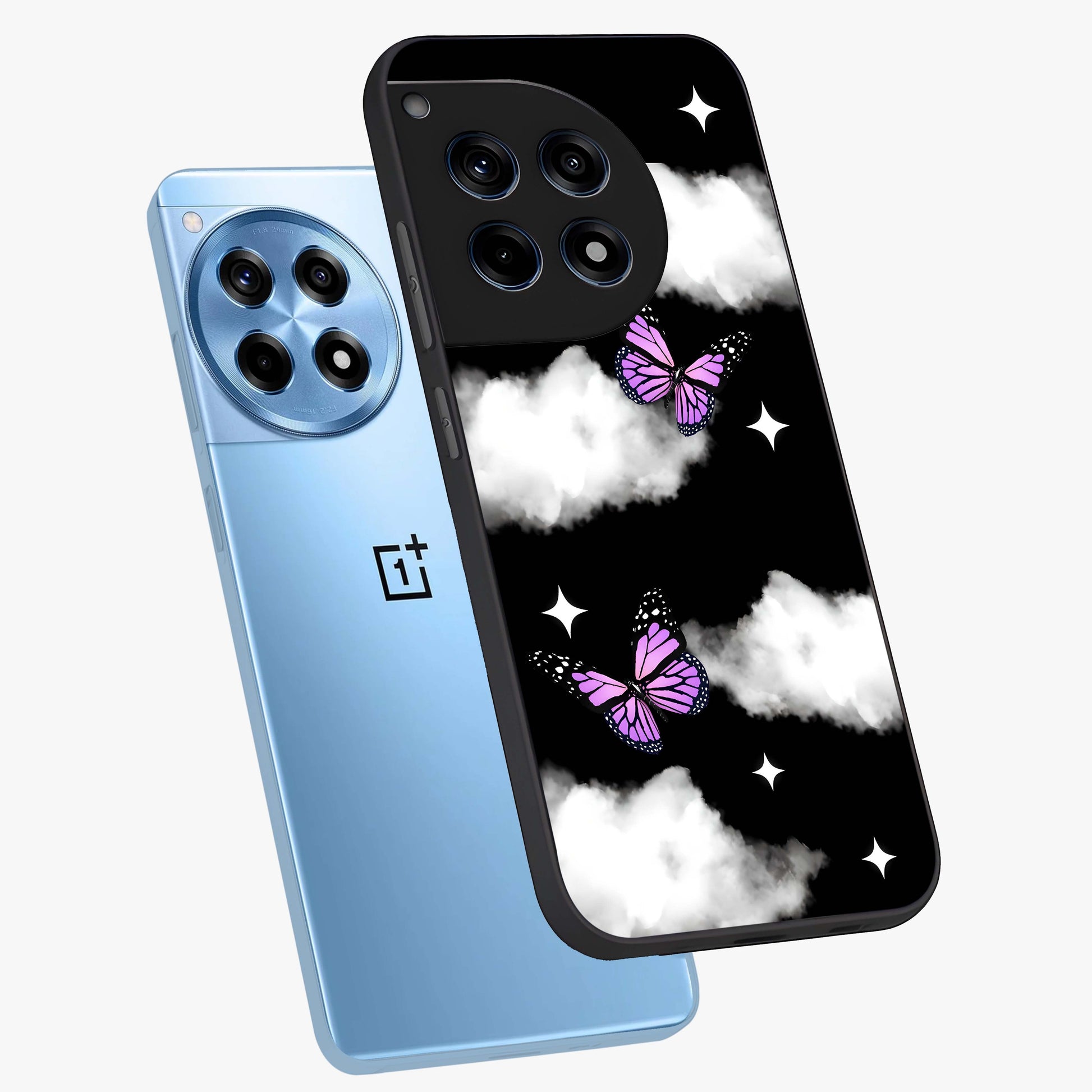 Butterfly Night Drift Glass Case for 1+12R angled mockup showcasing glossy finish and deep midnight gradients