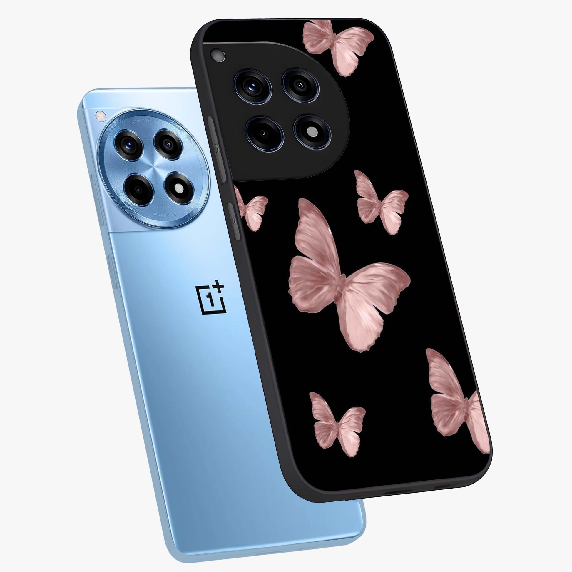 Butterfly Pattern Glass Case for 1+12R angled mockup showcasing glossy glass finish and delicate wing design