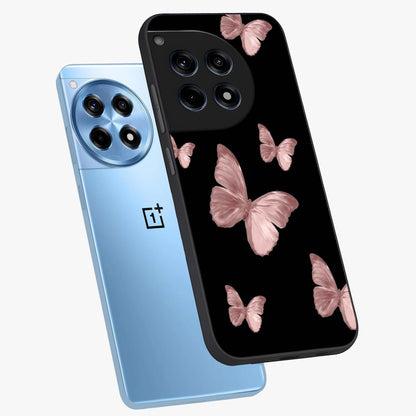 Butterfly Pattern Glass Case for 1+12R angled mockup showcasing glossy glass finish and delicate wing design