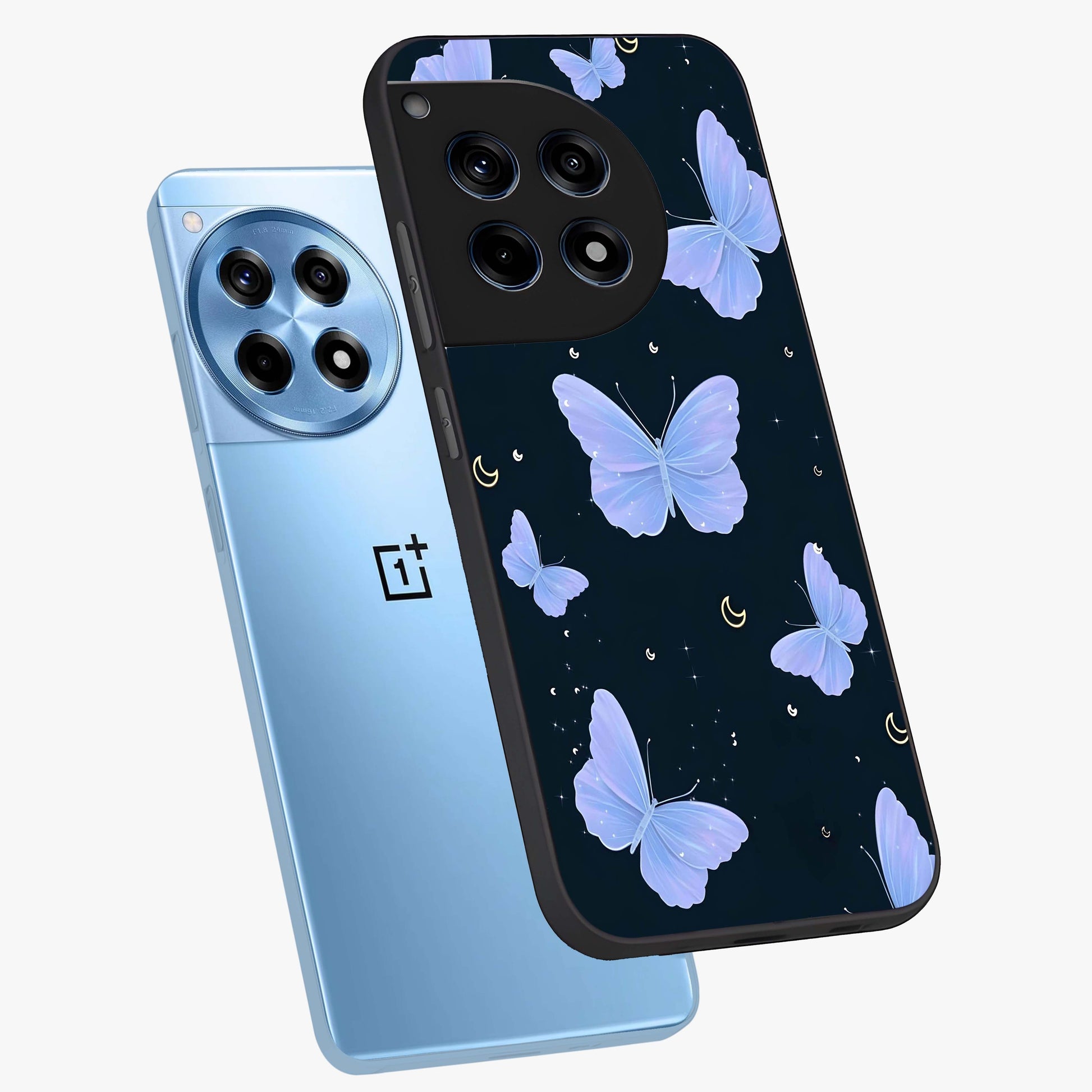 Butterfly With Stars Pattern Glass Case for 1+12R angled mockup showcasing glossy finish and celestial inspired design