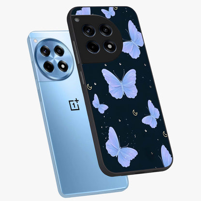 Butterfly With Stars Pattern Glass Case for 1+12R angled mockup showcasing glossy finish and celestial inspired design