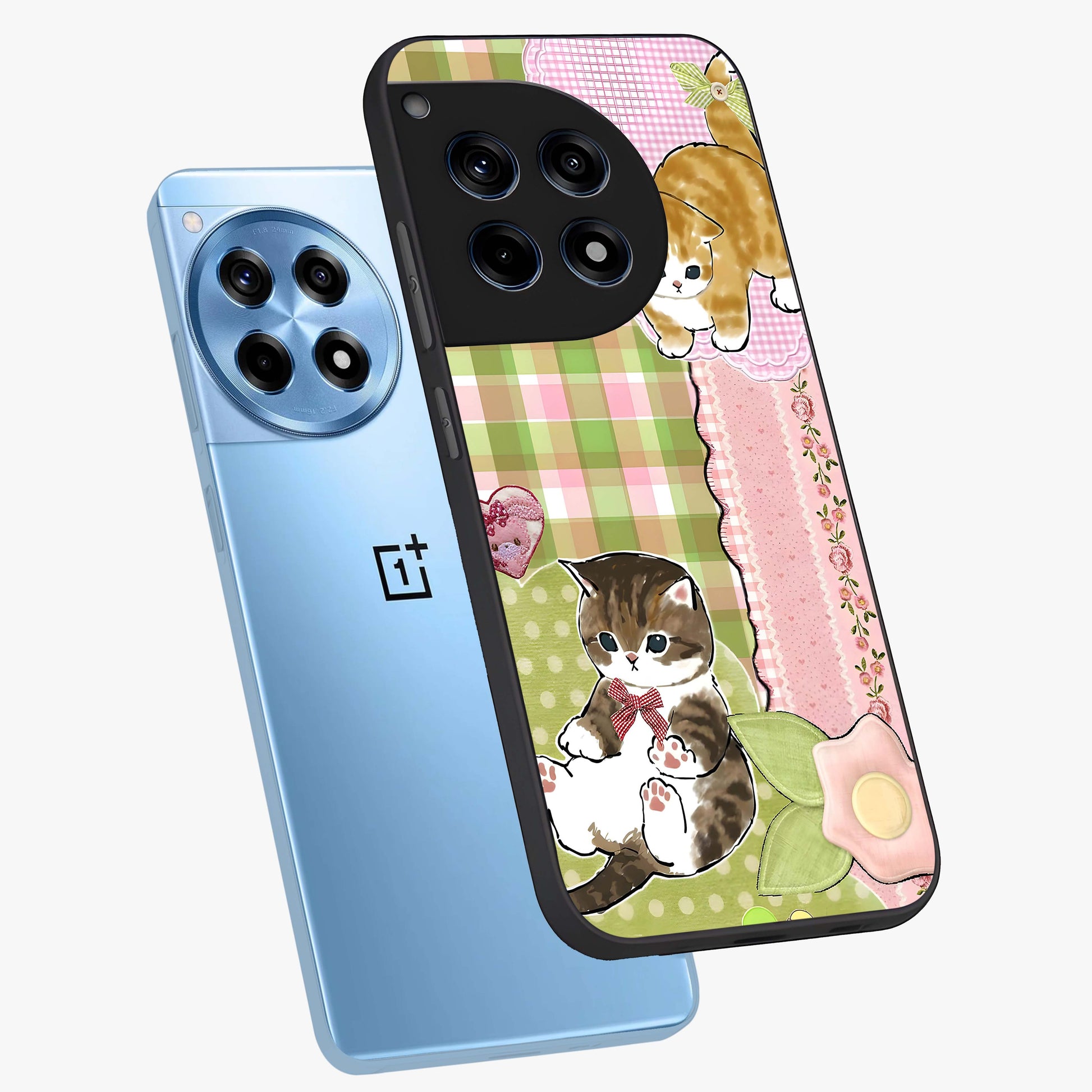 Cats Sweet Button Glass Case for 1+12R angled mockup showcasing glossy finish and charming character design