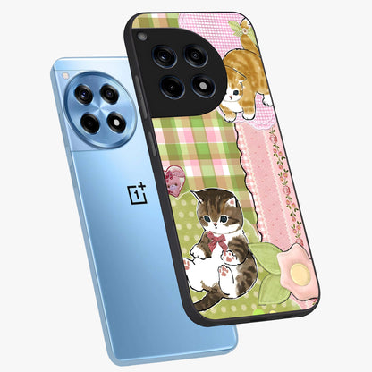Cats Sweet Button Glass Case for 1+12R angled mockup showcasing glossy finish and charming character design