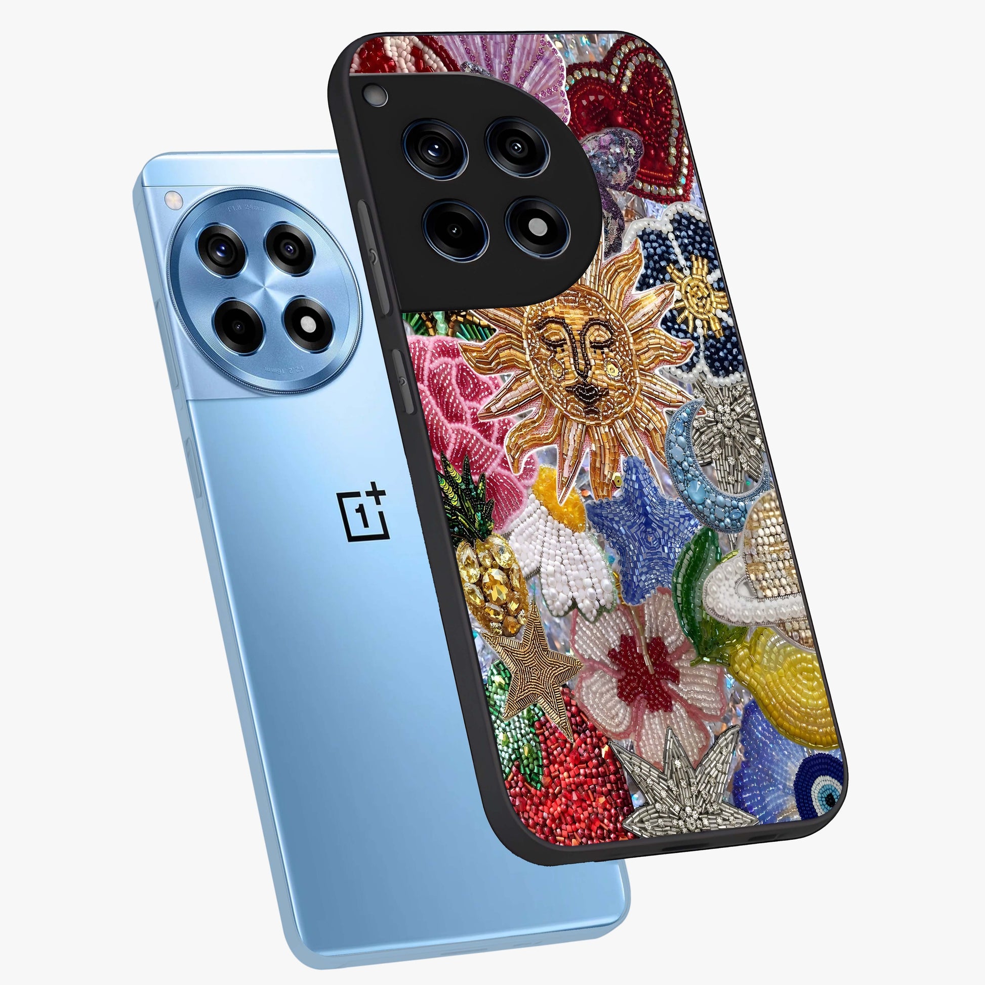 Celestial Floral and Playful Glass Case for 1+12R angled mockup showcasing glossy finish and colorful celestial detailing