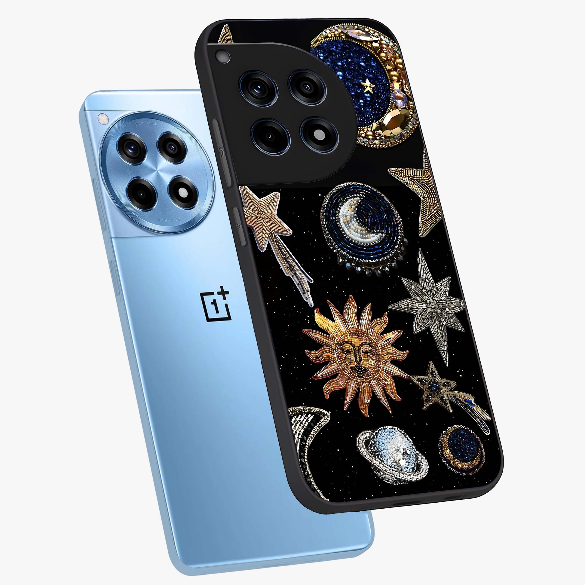 Celestial Gem Constellations Glass Case for 1+12R angled mockup showcasing glossy finish and sparkling cosmic design