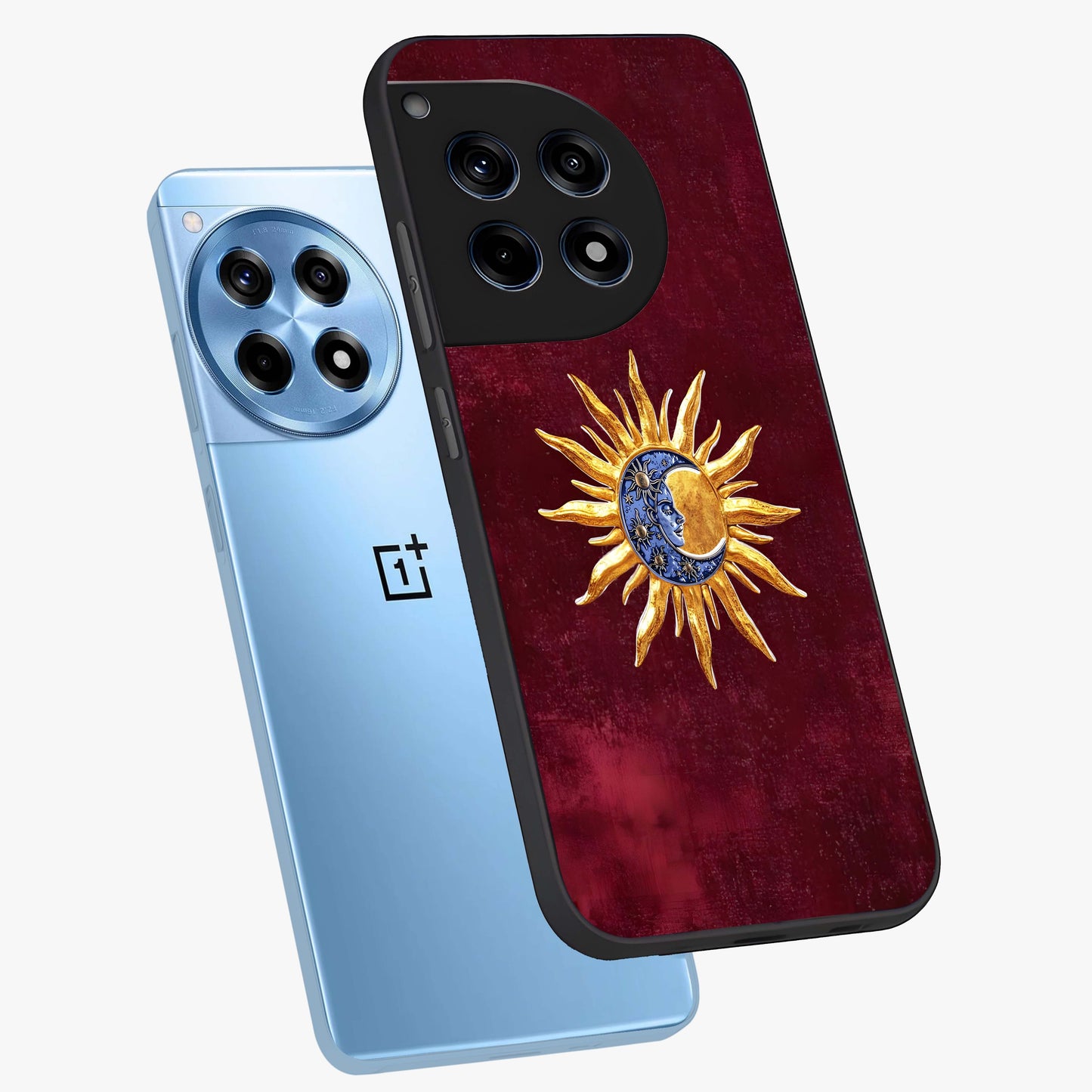 Celestial Unity Charm Glass Case for 1+12R angled mockup showcasing glossy finish and balanced cosmic design