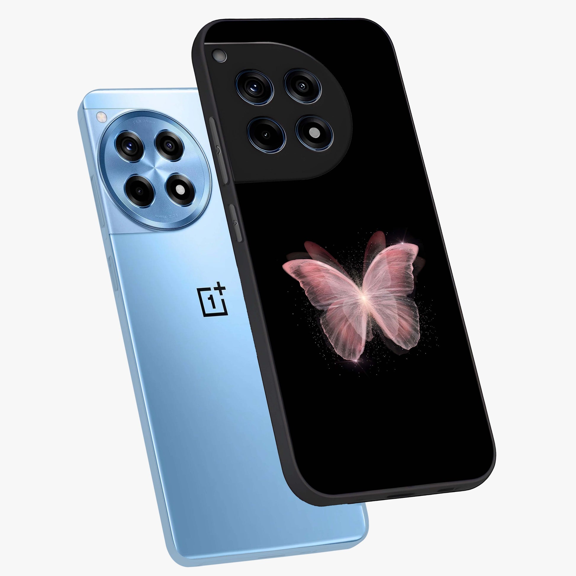 Celestial Wings Butterfly Glass Case for 1+12R angled mockup showcasing glossy finish and luminous wing detailing