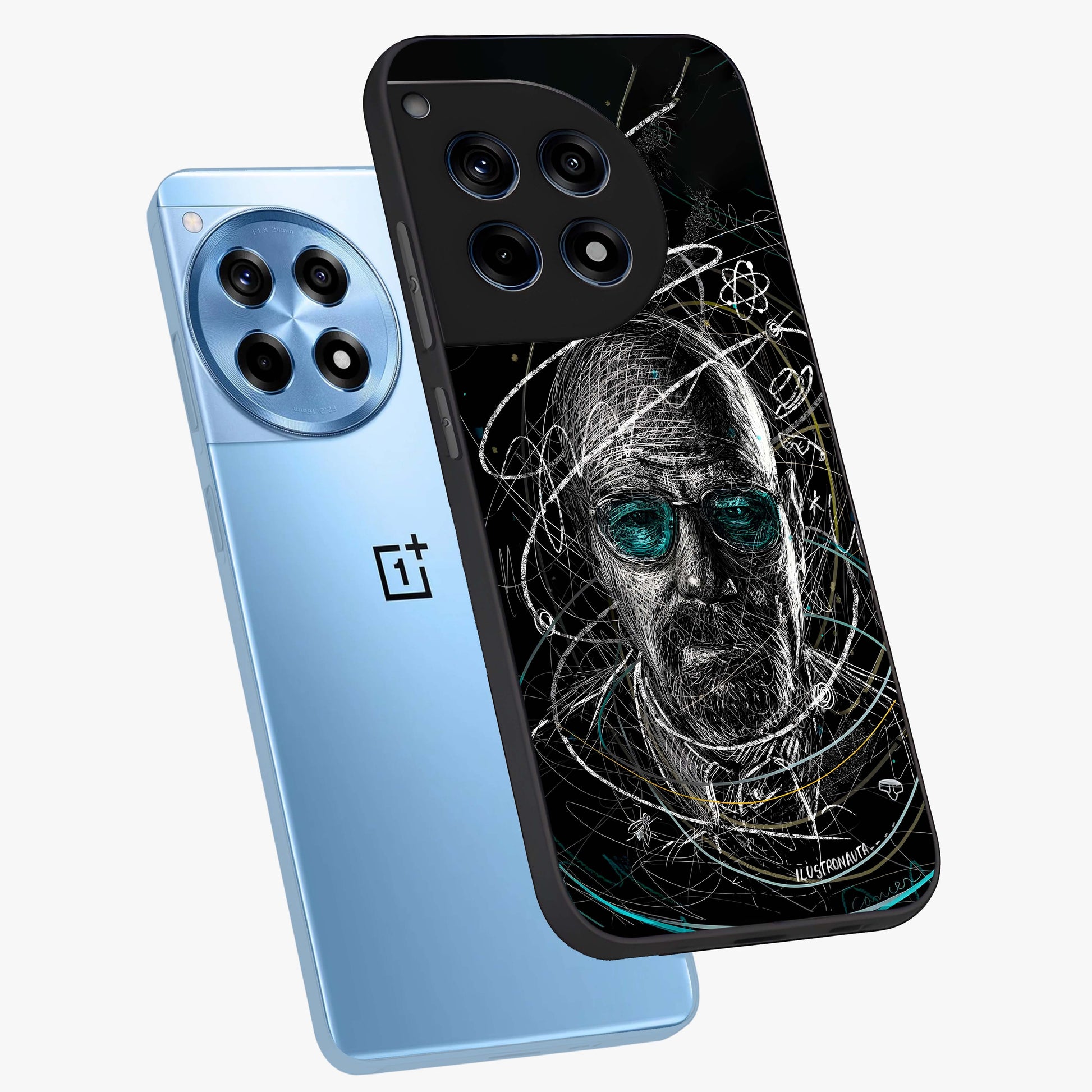 Chaotic Mind Genius Glass Case for 1+12R angled mockup showcasing glossy finish and edgy artistic design