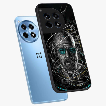 Chaotic Mind Genius Glass Case for 1+12R angled mockup showcasing glossy finish and edgy artistic design