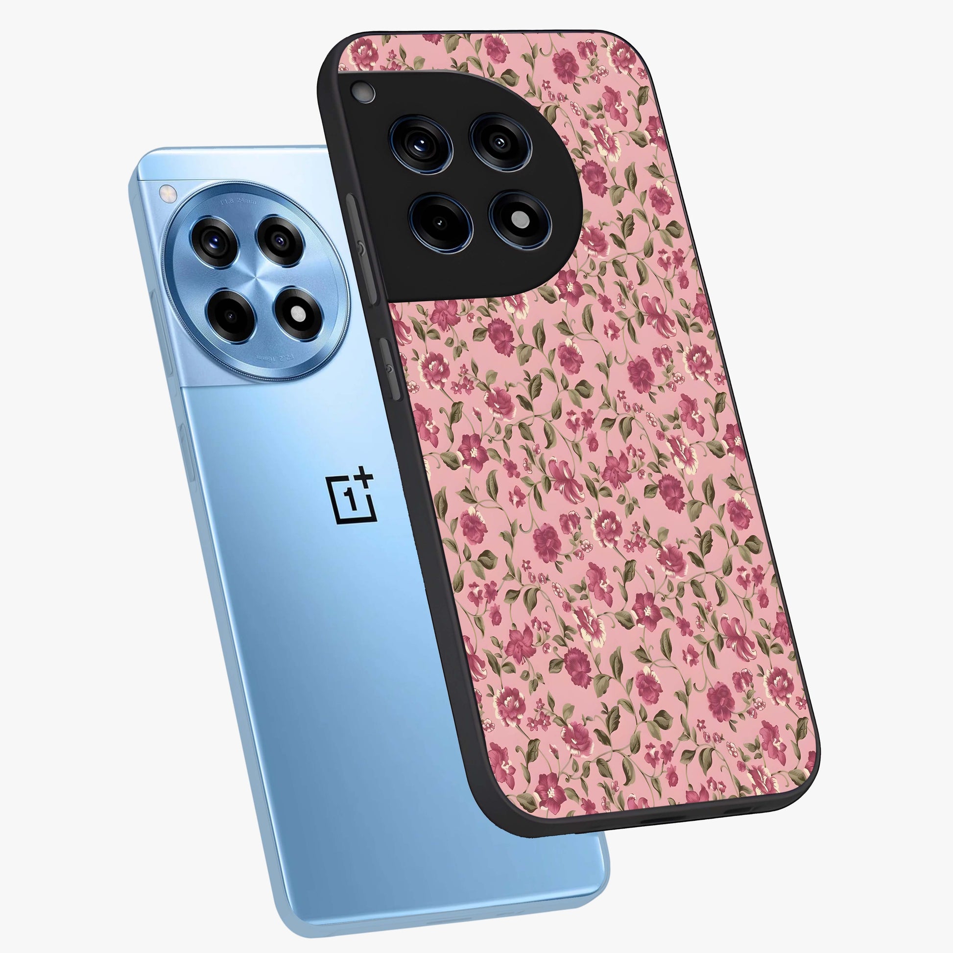 Charming Pink Floral Glass Case for 1+12R angled mockup showcasing glossy finish and elegant bloom detailing
