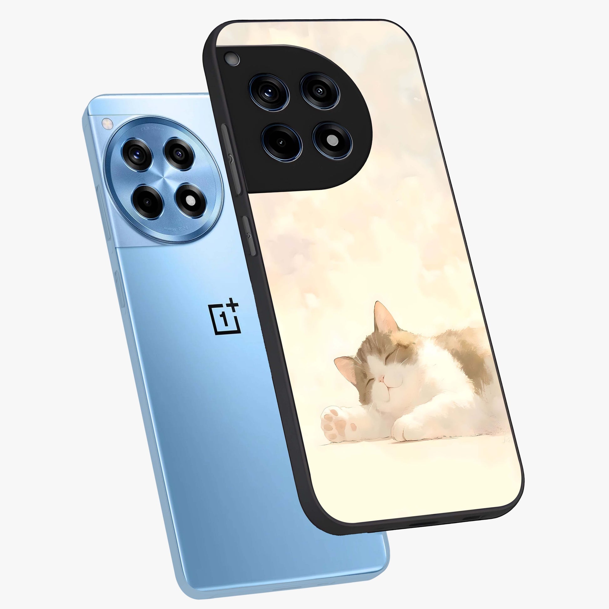 Cloud Nap Cat Glass Case for 1+12R angled mockup showcasing glossy finish and cozy pastel tones