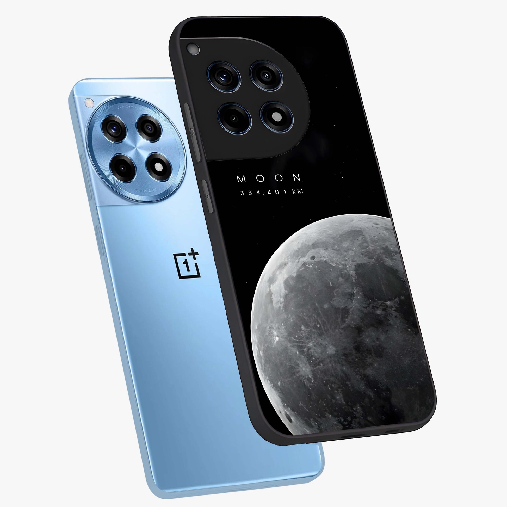 Cosmic Moon Glow Glass Case for 1+12R angled mockup showcasing glossy finish and luminous night design